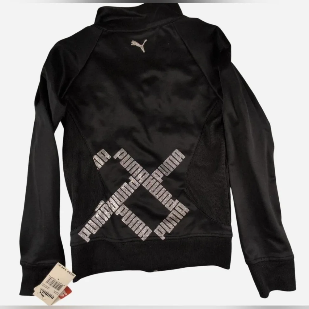 Puma Girls Black Full Zip Jacket Silver Embroidered Glitter Logo Large NWT‎